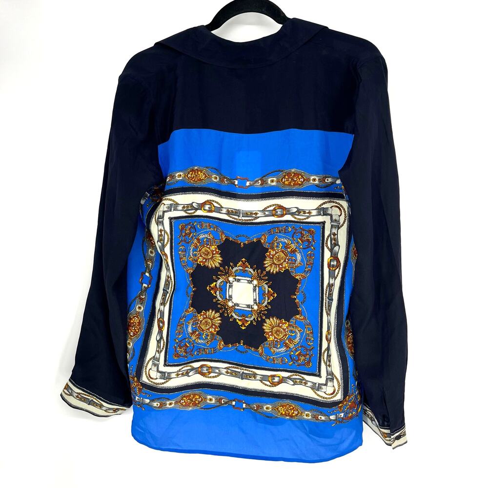 L’Agence Silk Button Down Blouse Navy Scarf Print Shirt Small NWT